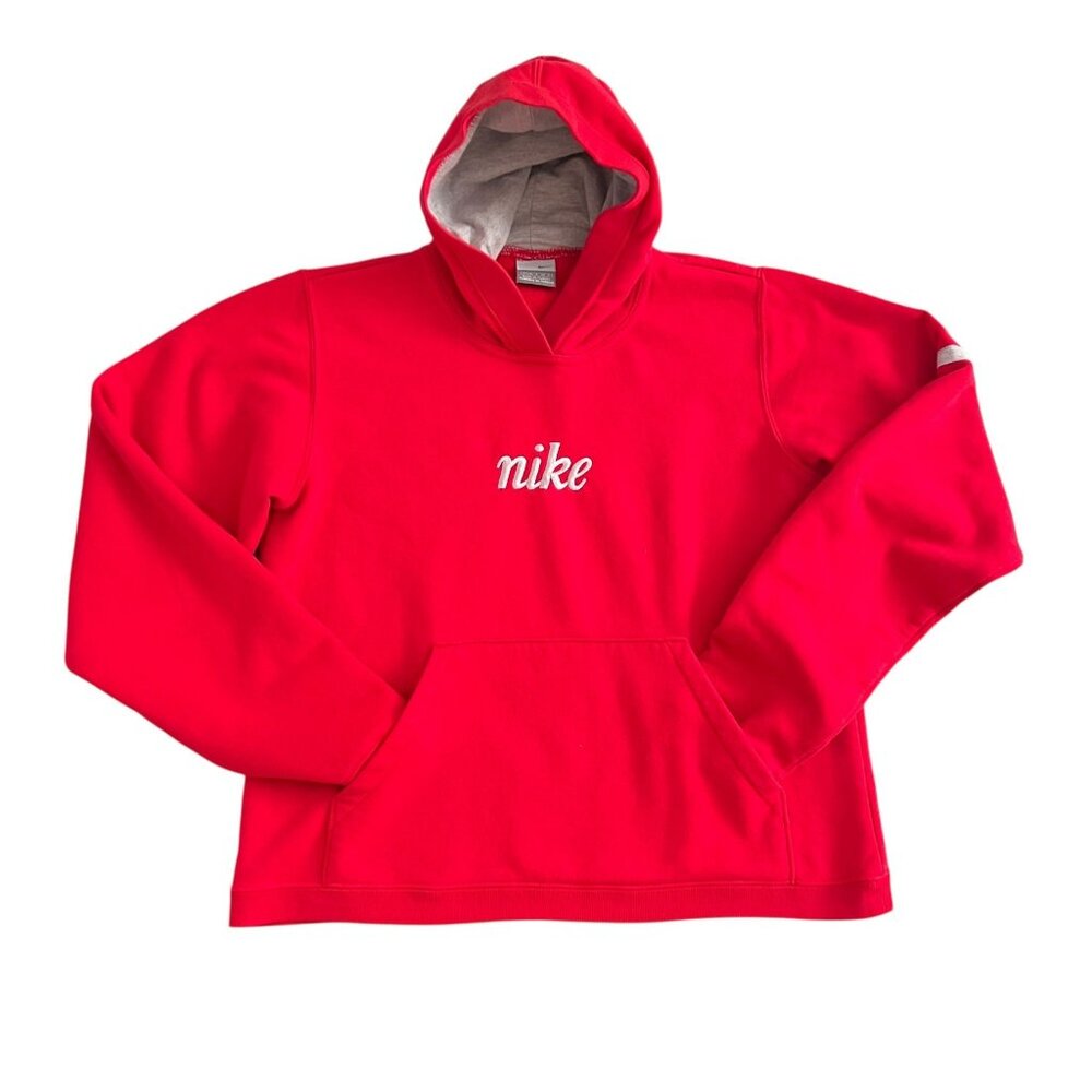Vintage Nike Youth‎ Small 4-6 Red Script Pullover Hoodie Kangaroo Pocket Y2K
